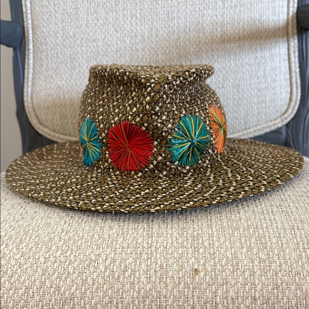 Eric Javits Packable Straw Sun Hat with Colorful Embroidered Medallions - Multi
